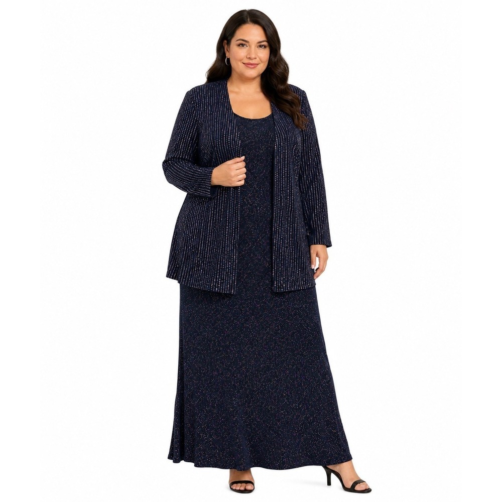 vtg NWT Alex Evenings 20W 2pc Formal Maxi Dress Jacket Navy Metallic Sparkle